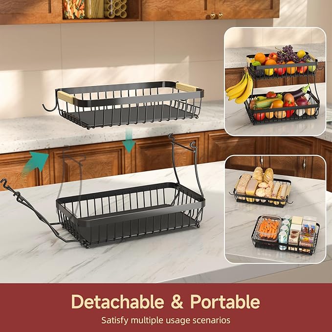 3 Tier Fruit Basket for Kitchen Counter with 2 Mobile Banana Hangers, 2025 Pro Detachable Metal Fruit Bowl with Wooden Handle, Fruit Holder for Bread Snack Veggies with Protective Mats-Ruum Studio Home