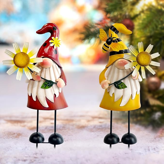 HONGLAND Gnome Metal Yard Art - Metal Gnome Statue -Gnome Outdoor Decorations - Bee and Ladybug Garden Statue- Christmas Holiday Lawn Patio Yard Garden Decor (Set of 2)-Ruum Studio Home