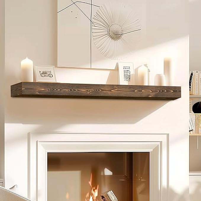56x8x3 Fireplace Mantel - Handcrafted Hollow Rustic Solid Wood Wall Mounted Floating Shelf with Invisible Heavy Duty Wood Bracket (Weathered Brown)-Ruum Studio Home
