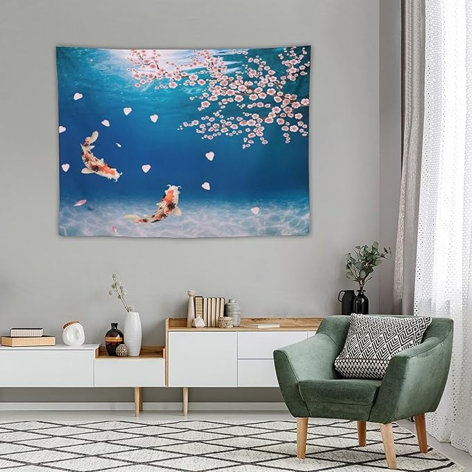 Japanese Koi Fish Tapestry, Cherry Blossoms Asian Oriental Blue Floral Branch Koi Fish Carp Tapestries Wall Hanging for Bedroom Living Room Office Decor 40"x30"-Ruum Studio Home