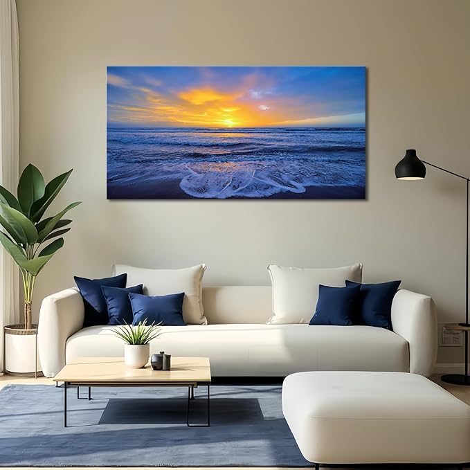 Wall Art Decor Large Sunset Canvas Print Picture Sunrise Ocean Beach Waves Scenery Modern Painting Artwork for Home Office Living Room Bedroom Decoration Framed Ready to Hang, 20x40Inch-Ruum Studio Home