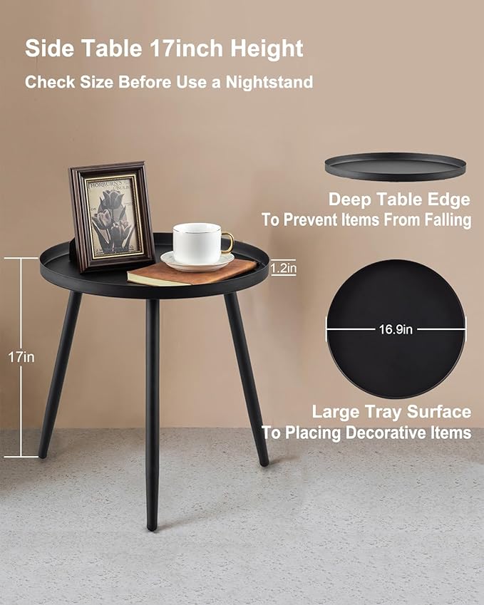 AOJEZOR Side Table: End Table for Indoor Use - Small Side Tables for Small Spaces All Matte Black with 3 Legged-Ruum Studio Home
