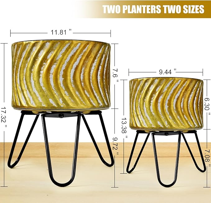 Harvest Land Plant Pots with Stand, Set of 2 Large Modern Planters Metal Tall Handmade Flower Pots with Drainage Holes Indoor Outdoor,Gold-Ruum Studio Home