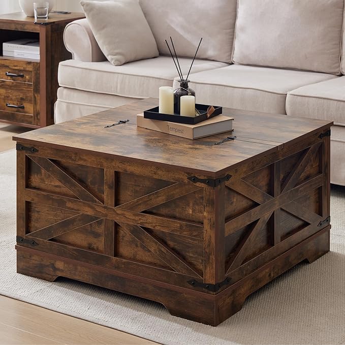 Coffee Table with Storage, Rustic Brown Square Coffee Tables for Living Room, Lift top Coffee Table with Large Hidden Compartment, Smart Cocktail Tables with Flip Top Lids for Home Office-Ruum Studio Home