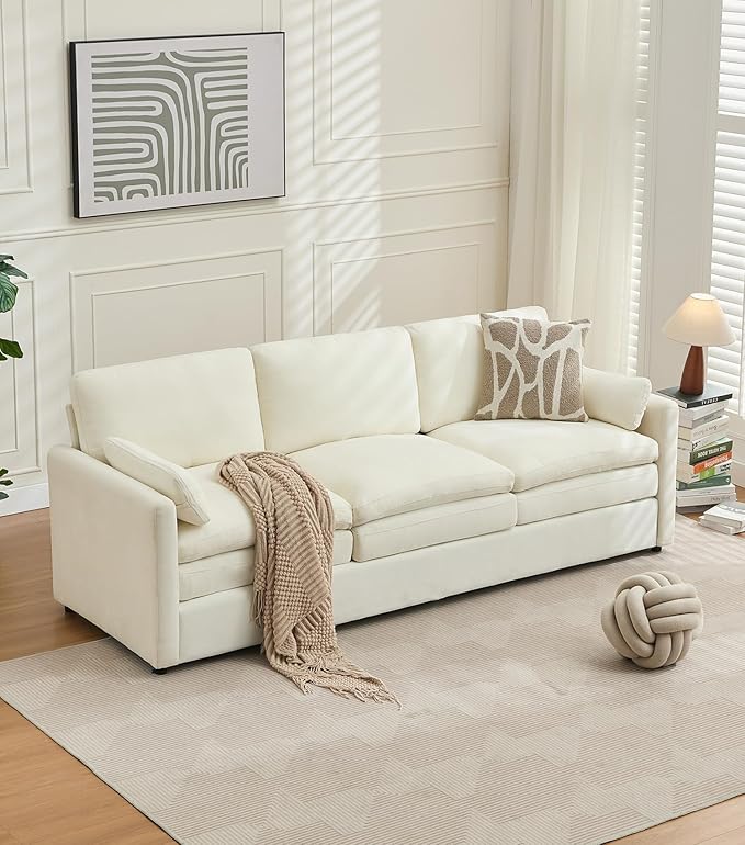 Tbfit Modern Couch Sofa, 89" Cloud Couch w/Pillows, Pocketed Spring Seat, Comfy 3-Seater Plush Foam Cushions, Chenille Fabric Removable Covers, Soft Upholstered Living Room Furniture Apartment, Beige-Ruum Studio Home