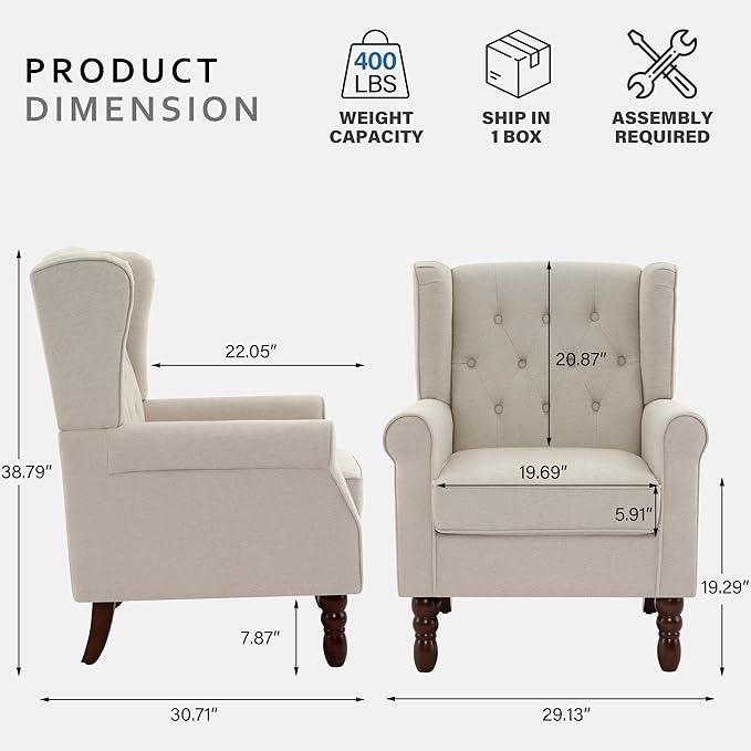 Lumibee High Back Accent Chair Set of 2,Upholstered Wingback Armchair with Solid Wood Legs for Small Spaces,Comfy Single Sofa Chair for Living Room,Bedroom,Office-Beige-Ruum Studio Home