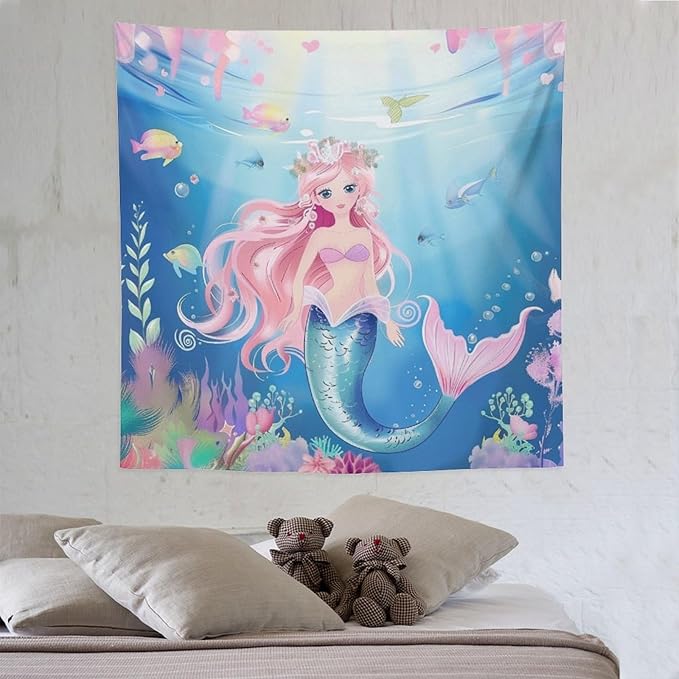 HZOHNAGO Mermaid Girls Tapestry Watercolor Mermaid Princess Pattern Printed Wall Tapestry Wall Hanging for Bedroom Living Room Dorm 60" W x 60" H-Ruum Studio Home