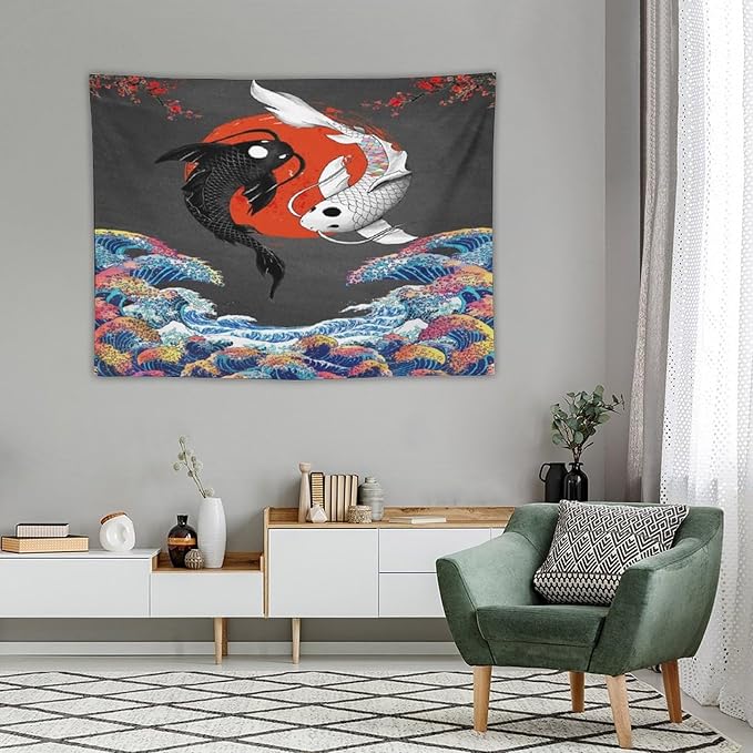 Houselerax Japanese Koi Fish Tapestries, Yin Yang Big Wave Cherry Blossom Tapestry Wall Hanging for Bedroom Living Room Office Decor 40"x30"-Ruum Studio Home