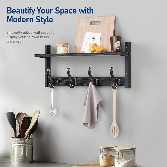 Tatub 20" Rustic Coat Rack Wall Mount with Shelf, Wall Hooks with Shelf, Heavy Duty Entryway Organizer Hangers for Hanging, Hat, Bag, Jacket for Bathroom, Living Room, Bedroom, Black-Ruum Studio Home