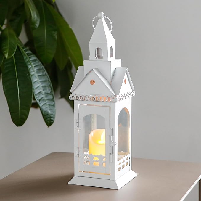 TRIROCKS Rustic Style Metal Candle Lantern 12'' High Decorative Outdoor Lantern Candle Holder with Tempered Glass House Shape for Home Living Room Garden Patio Parties Indoors Outdoors (White)-Ruum Studio Home