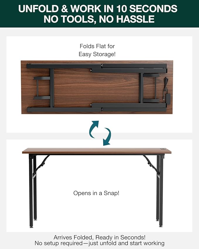 Frylr Small Folding Computer Desk – 55.1 Inch Portable Table for Craft and Study, Lightweight Desk for Small Spaces, Foldable Laptop Table Built-in AC/USB Outlets for Convenience, Dark Walnut-Ruum Studio Home