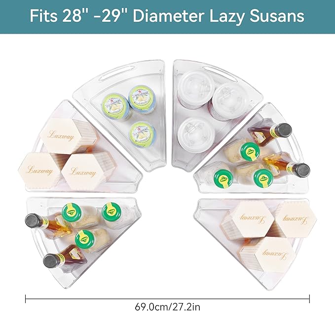 Oubonun Lazy Susan Organizers Set of 6, 11.6’’ x 10.2’’ x 4.1’' Plastic Transparent Kitchen Cabinet Storage Bins with Handle, 4.1" Deep Container, 1/8 Wedge - Food Safe, without BPA-Ruum Studio Home