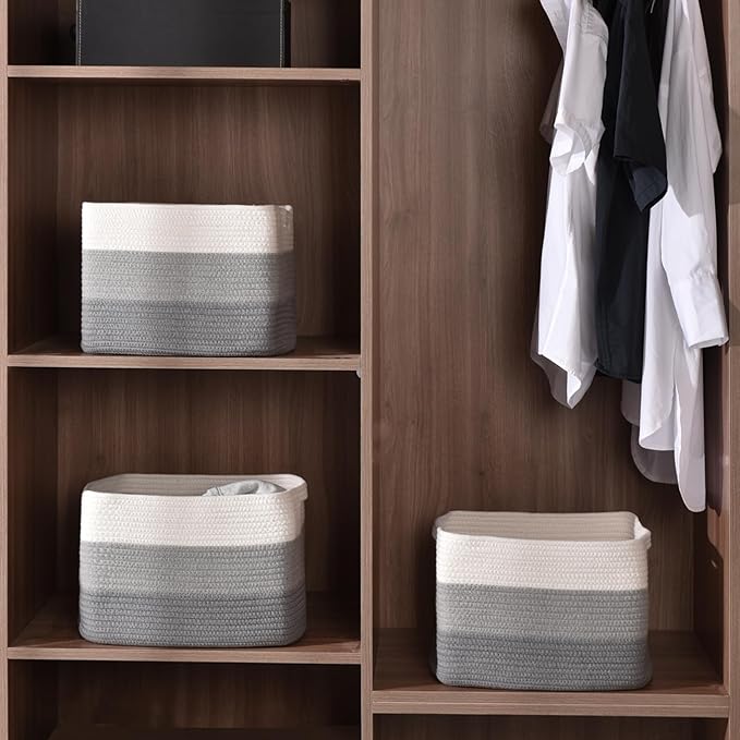 Storage Baskets for Organizing Shelves, Woven Cotton Rope Baskets for Storage Books Towels Toys, Organizing Baskets, Toy Basket for Nursery Bathroom, 15"x11"x9.5", 3 Packs, Gradient Grey-Ruum Studio Home