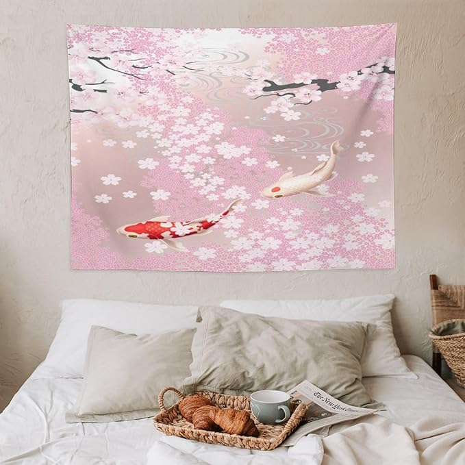 Houselerax Japanese Koi Fish Tapestry, Cherry Blossoms Asian Oriental Pink Flower Branch Koi Fish Carp Tapestries Wall Hanging for Bedroom Living Room Office Decor 40"x30"-Ruum Studio Home