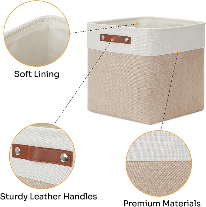 DULLEMELO Fabric Storage Cubes,13 inch Cube Stroage Bins for Empty Gift Basket,Toy Nursery Storage Linen Closet Organizers and Storage Baskets Shelves Bins(White&Khaki)-Ruum Studio Home