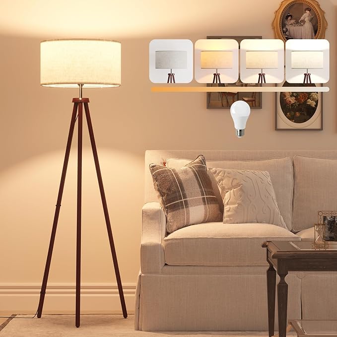 LiteHistory Wood Tripod Floor Lamps for Bedroom, Living Room, and Office, Corner lamp with Beige Linen Shade, 12W Three-Color Bulb Included, Pull Chain Switch, Gifts for mom for Home Decor, Walnut-Ruum Studio Home