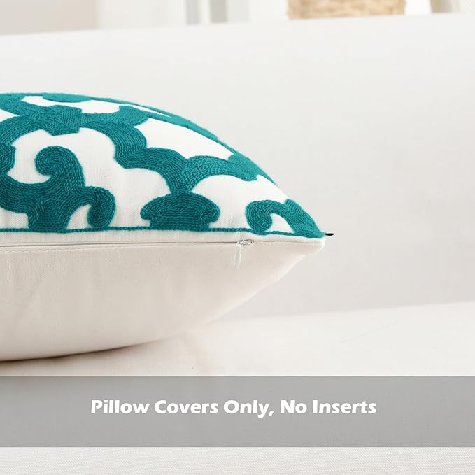 HWY 50 Teal Decorative Throw Pillow Covers 18x18 Inch (1 Piece), Embroidered Cotton Farmhouse Cushion Cover Pillow Case for Sofa Couch Living Room Bed, Geometric-Ruum Studio Home