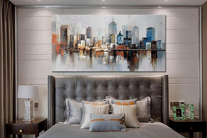 Arjun Brooklyn Bridge Wall Art Modern New York City Abstract Canvas Cityscape NY Painting Large Framed Colorful NYC Skyline Textured Picture for Living Room Bedroom Home Office Wall Decor, 48"x24"-Ruum Studio Home