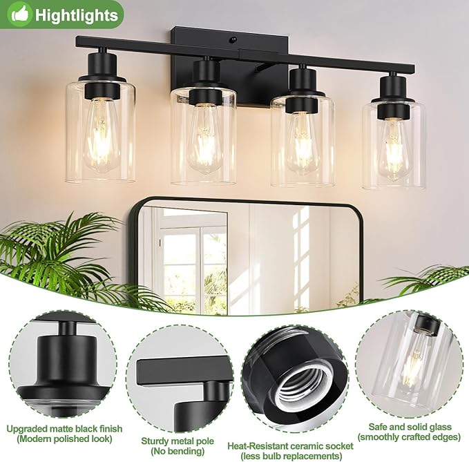 4-Light Bathroom Light Fixtures, Matte Black Modern Vanity Lights with Clear Glass Shades, Bathroom Wall Lamp for Mirror Living Room Cabinet Bedroom Porch-Ruum Studio Home