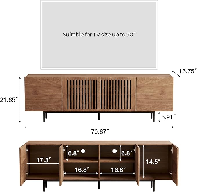 Mid Century Modern TV Stand for 70 Inch TVs, 70.87" Walnut Console with Ample Storage – Stylish Entertainment Center for Living Room or Bedroom-Ruum Studio Home