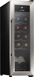 NutriChef PKCWC12 12 Bottle Cooler Refrigerator White and Red Countertop Chiller, Freestanding Compact Mini Wine Fridge with Digital Control, Stainless Steel-Ruum Studio Home