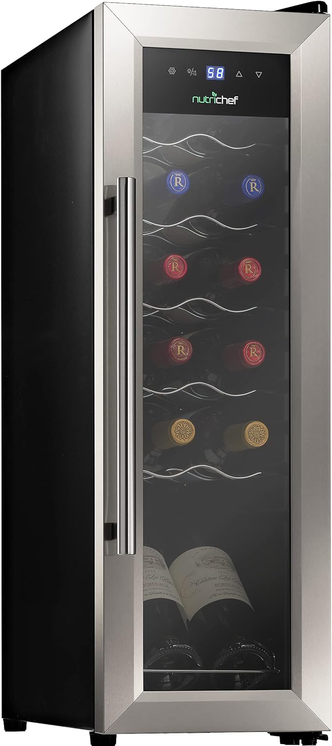 NutriChef PKCWC12 12 Bottle Cooler Refrigerator White and Red Countertop Chiller, Freestanding Compact Mini Wine Fridge with Digital Control, Stainless Steel-Ruum Studio Home