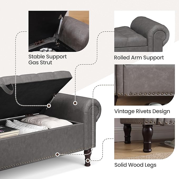 Storage Bench for Bedroom, 51" Full Queen Storage Bench, Upholstered Bedroom Bench with Rolled Arms and Vintage Rivets for Living Room, Storage Room, Entryway, Gray-Ruum Studio Home