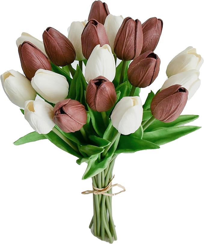 Mandy's Artificial Tulips 20 Stems White and Brown PU Faux Flowers for Wedding Home Decor 13.5 Inch-Ruum Studio Home