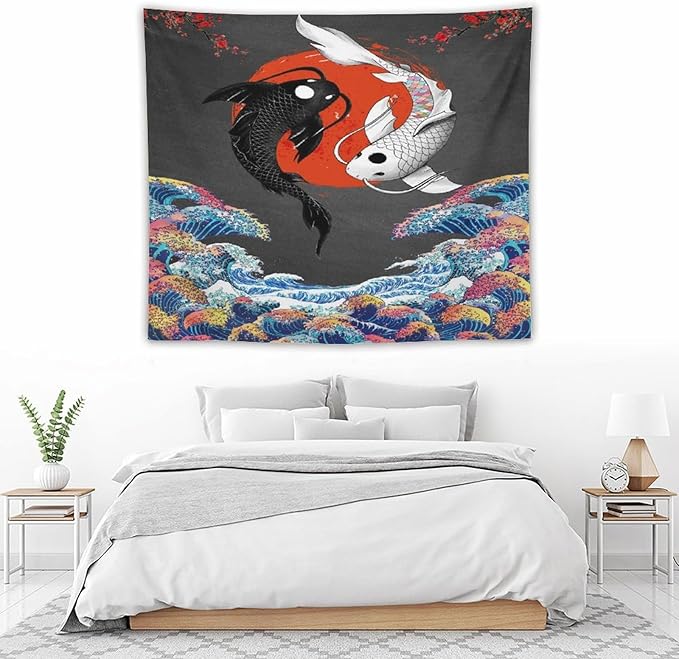 Houselerax Japanese Koi Fish Tapestries, Yin Yang Big Wave Cherry Blossom Tapestry Wall Hanging for Bedroom Living Room Office Decor 60"x50"-Ruum Studio Home