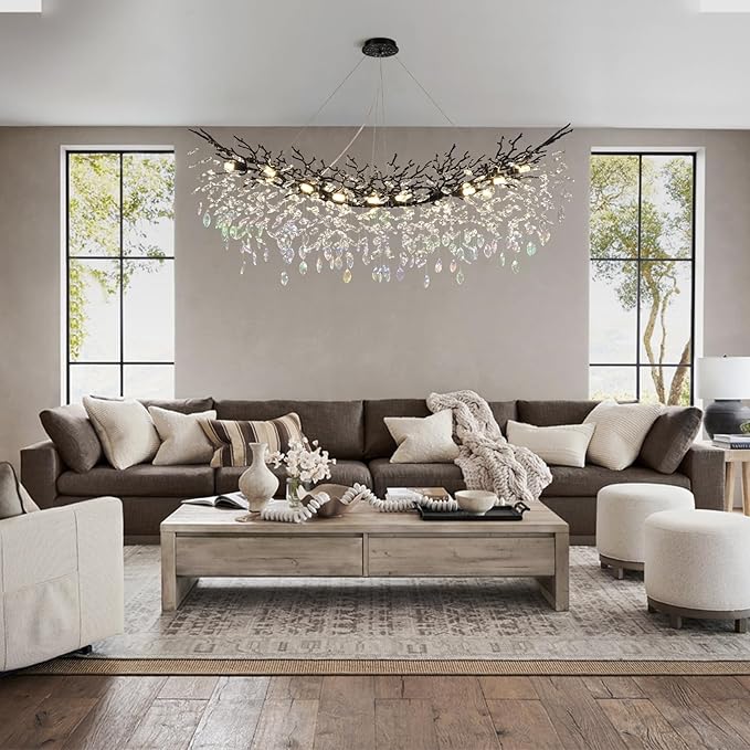 Modern Black Rectangle Crystal Tree Branch Chandelier, 55" 16-Light K9 Crystal Chandeliers for Dining Room, Rectangular Dining Room Chandelier Over Table,for High Ceiling,Kitchen-Ruum Studio Home