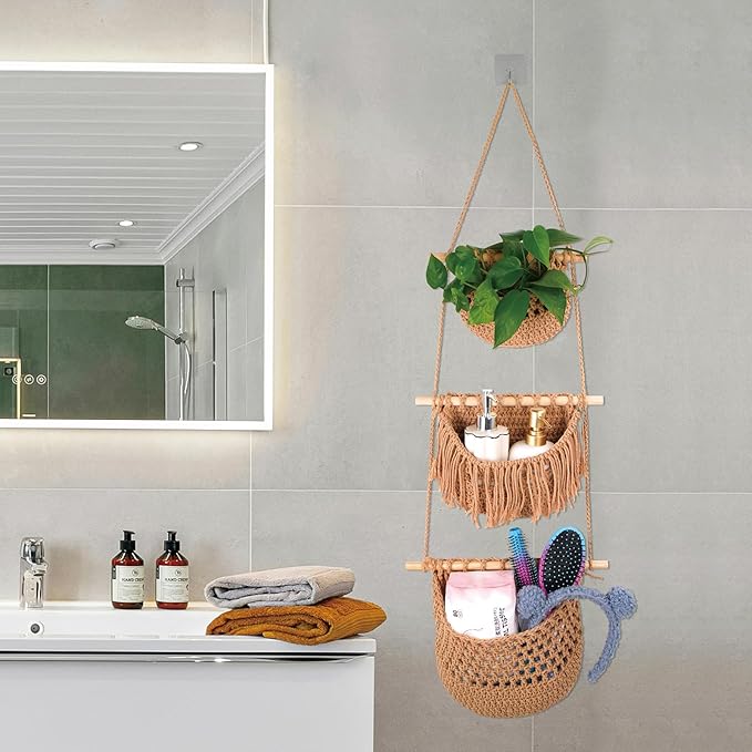 3 Tier Hanging Fruit Basket for Kitchen, Handmade Woven Cotton Hanging Wall Basket for Fruit Vegetable with 6 Hooks, Boho Style Over The Door Organizer for Living Bathroom Bedroom-Ruum Studio Home