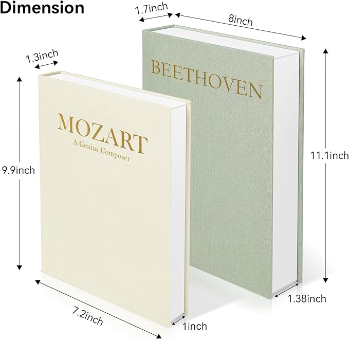 Aesthetic Decorative Books -Set of 2 Minimalist Linen Hardcover Faux/Fake Books for Coffee Table Home Decor Living Room Decoration, Photo Storage or as a Keepsake Box(Sage-beige-musician)-Ruum Studio Home