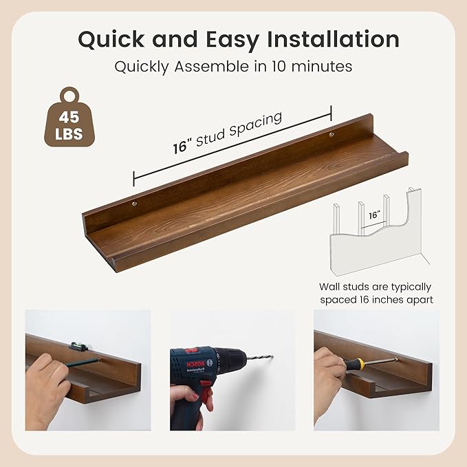 Picture Ledge Wall Shelves 24 inch Width Set of 2, Solid Pine Wood Rustic Floating Ledge Shelves for Wall for Kids' Room Bedroom Kitchen Bathroom Living Room Nursery Display Wall Decor, Walnut-Ruum Studio Home