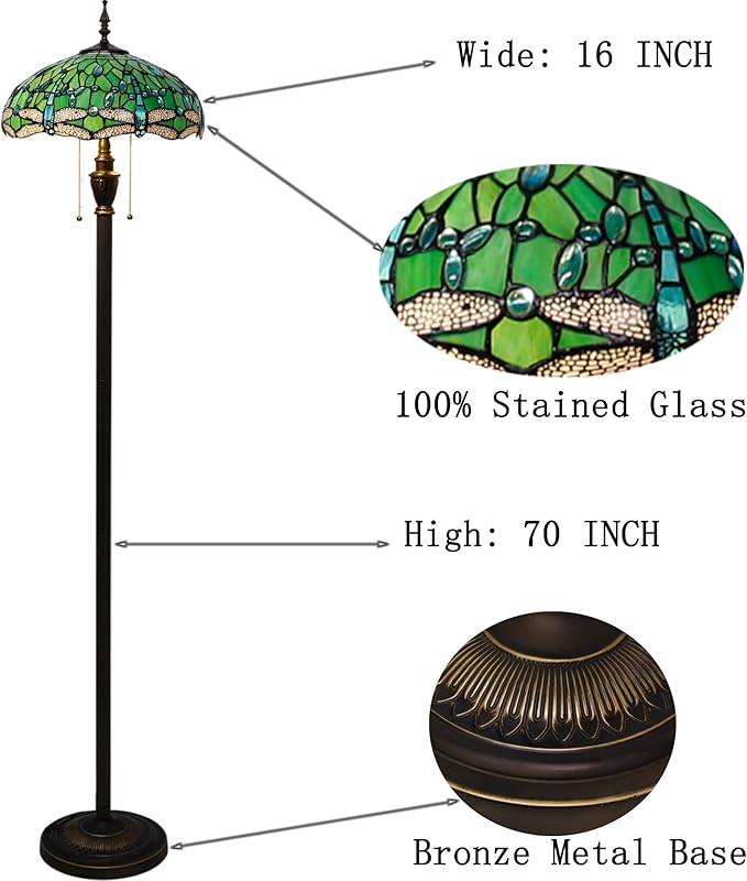 Tiffany Floor Lamp Stained Glass Lamp Standing Reading Light 16x16x70 Inch for Living Room (Green Dragonfly)-Ruum Studio Home