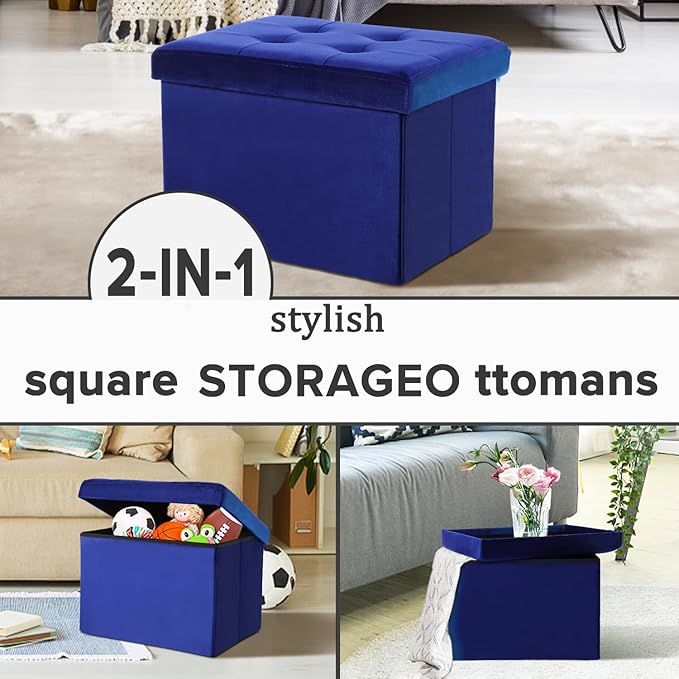 LINMAGCO Storage Ottoman Folding Foot Stool Velvet Foot Rest with Padded Modern Ottoman with Storage for Living Room Puppy Step Stool 17x13x13in(Navy)-Ruum Studio Home