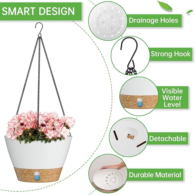 ZMTECH 8 Inch Hanging Planters for Indoor Plants, Hanging Baskets for Plants Outdoor with Visible Water Level, Hanging Flower Pots with Drainage Holes & Removable Tray(2 Pack, White)-Ruum Studio Home