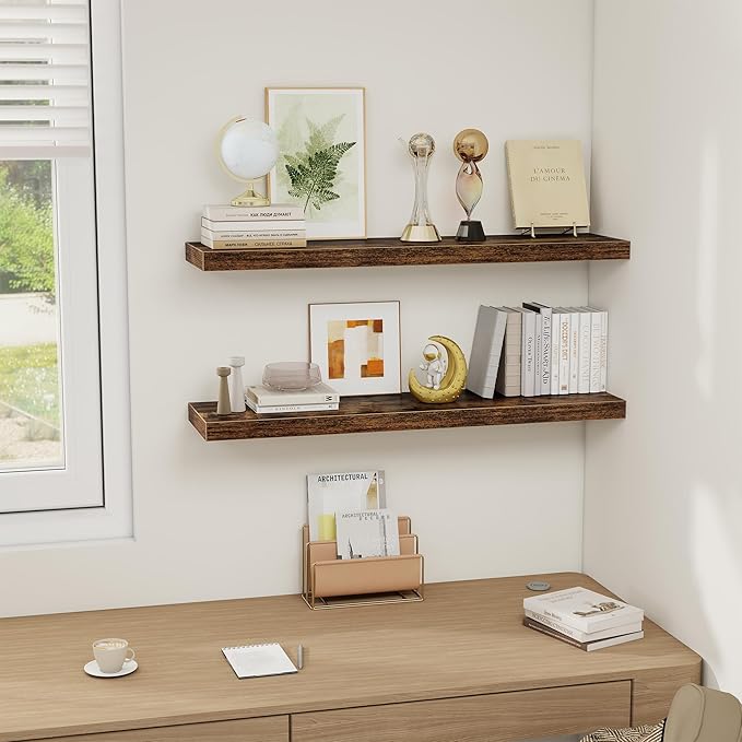 Fun Memories 36 x 8 Inch Floating Shelves for Wall, Farmhouse Bathroom Shelves Set of 2, Wood Wall Shelves 36 Inch Long, 36 x 8 x 1.4 Inch, Rustic Brown-Ruum Studio Home