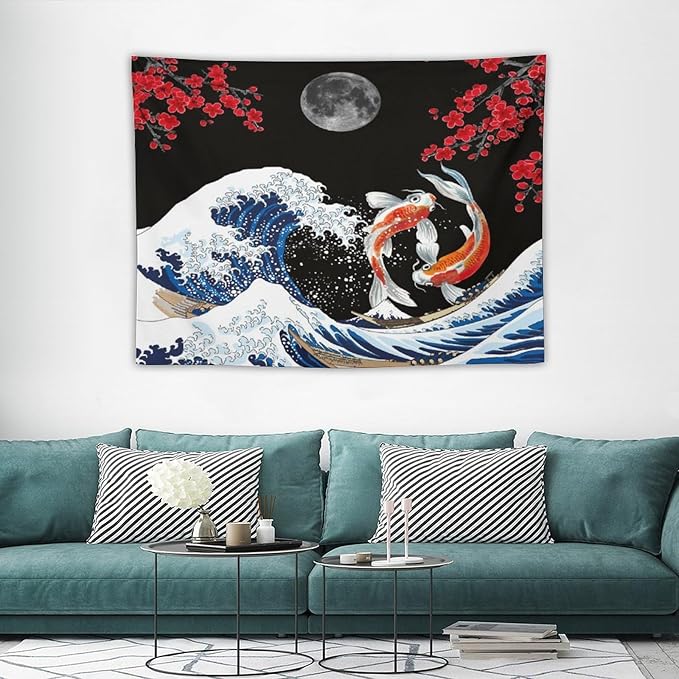 Houselerax Japanese Koi Fish Tapestry, Yin Yang Big Wave Red Cherry Blossom Tapestries Wall Hanging for Bedroom Living Room Office Decor 40"x30"-Ruum Studio Home
