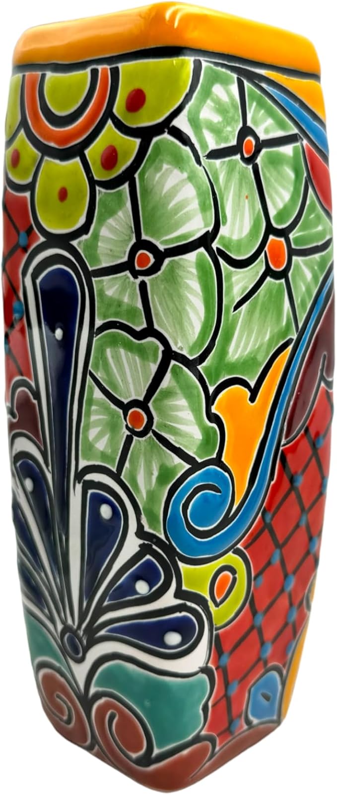 Talavera Planter Pot Square Vase Folk Art Mexican Pottery Handmade Hand Painted Home Decor Indoor Multicolor Outdoor 9.25" (Yellow Multi)-Ruum Studio Home
