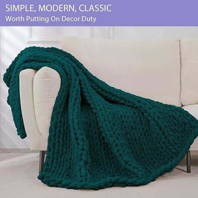 Bigacogo Chunky Knit Throw Blanket for Couch, 40x60 inches, 100% Hand Knitted with Thick Jumbo Chenille Yarn, Cozy Soft Large Rope Knot Cable Crochet Blankets for Sofa Bed Living Room, Dark Green-Ruum Studio Home
