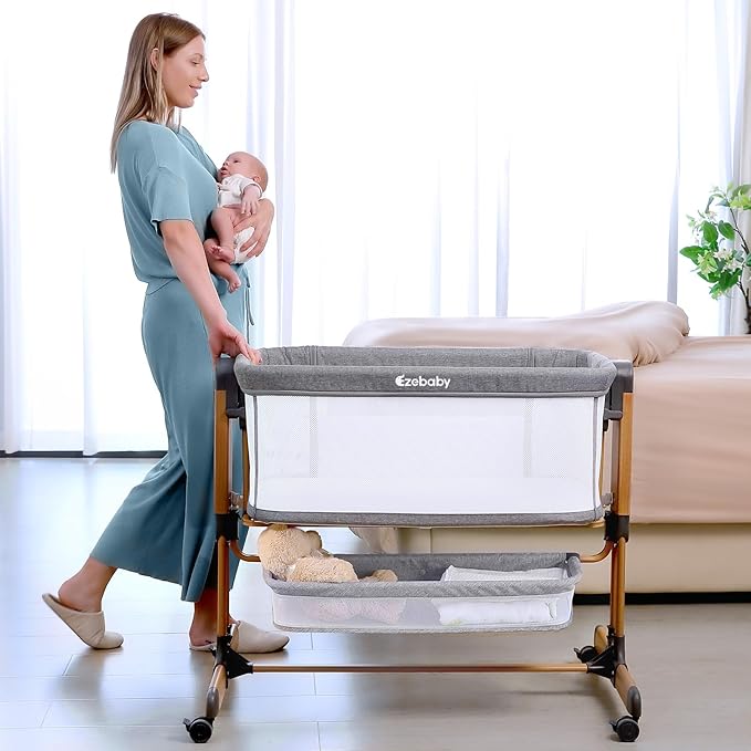 Ezebaby 3-in-1 Baby Bassinet, Rocking Baby Bassinets Bedside Sleeper, Adjustable Portable Crib for Newborn Infant with Wheels Storage Basket and Mesh Sides-Ruum Studio Home