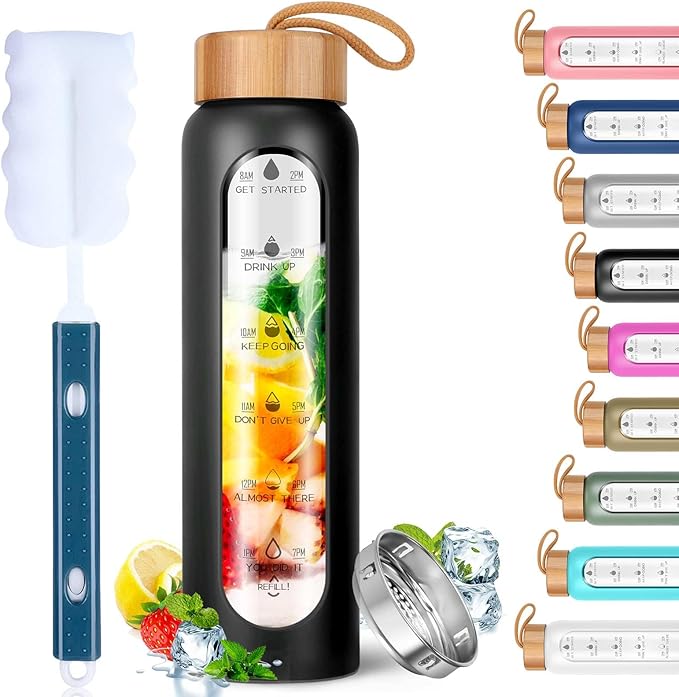 Aqulea Glass Water Bottles 25 Oz with Silicone Sleeve - BPA Free Reusable Wide Mouth Glass Motivational Water Bottles with Fruit Infuser – Leak Proof Borosilicate Water Bottle with Time Marker (Black)-Ruum Studio Home