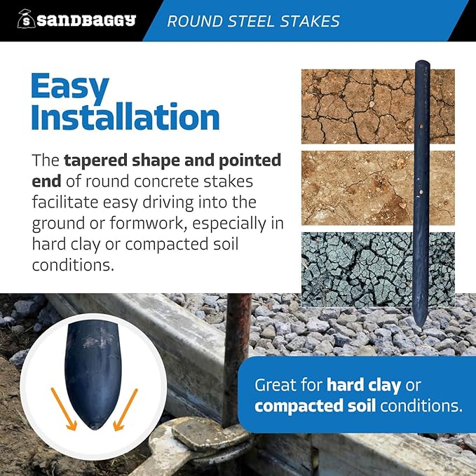 Sandbaggy Round Steel Concrete Form Stakes with Nail Holes - Rust Resistant Coating - Removable, Reusable (10, 3/4 in X 12 in)-Ruum Studio Home