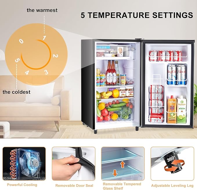 Atilioo Upgraded Mini Fridge with Freezer 3.2 Cu.Ft Compact Dorm Refrigerator Small Cooler for Bedroom Office, Single Door Adjustable Thermostat Low Noise, 17.5" D x 17.7" W x 31.5" H, Black-Ruum Studio Home