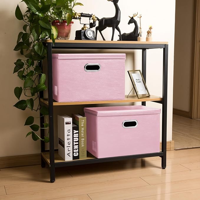 PRANDOM Collapsible Storage Bins with Lids [3-Pack] Leather Fabric Foldable Storage Boxes Organizer Containers Baskets Cube with Cover for Bedroom Closet Office Nursery Pink (14.9x10.8x10)-Ruum Studio Home