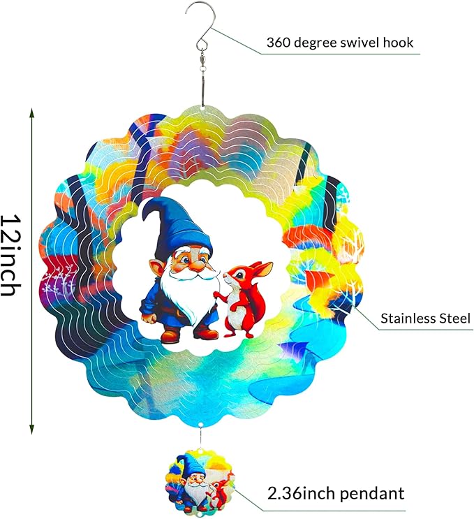 Gnomes Hanging Wind Spinners,12 Inch 3D Garden Spinner Kinetic Art Garden Decorations，Stainless Steel Reflective Wind Spinners for Yard-Ruum Studio Home