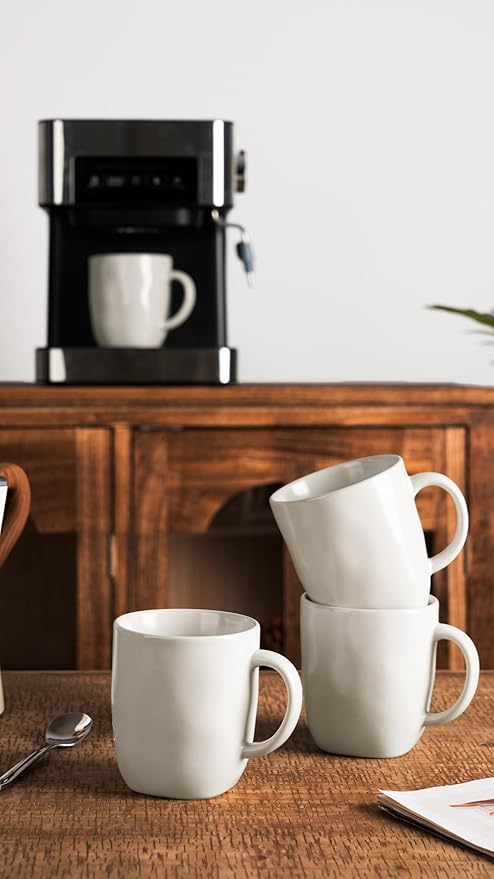 famiware Coffee Mugs Set of 4, Ocean Square 13oz Coffee Cup Set with Handle for Cocoa, Milk, Hot Chocolate, Tea, Water, Stoneware Cups for Kitchen, Microwave and Dishwasher Safe, Matte White-Ruum Studio Home