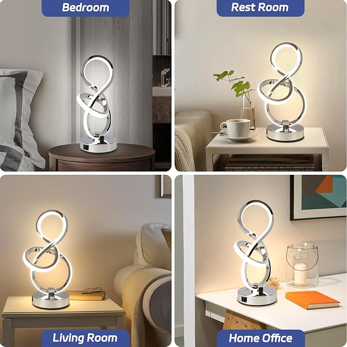 Modern Table Lamp, LED Bedside lamp with USB C+A Ports, Touch Stepless Dimmable Nightstand lamp, Unique Spiral Table lamp for Bedroom Living Room Home Office, LED Spiral lamp, Silver-Ruum Studio Home