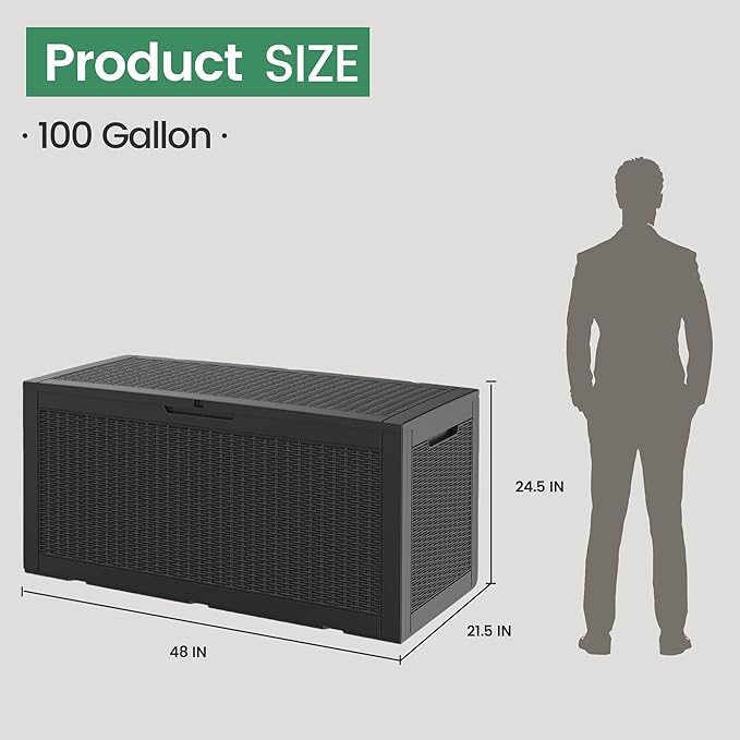 100 Gallon Storage Box, Waterproof Resin Deck Box with Hydraulic Piston Design, Lockable Storage Bench for Package Delivery, Storage Bin for Patio Cushions, Garden Tools, Black-Ruum Studio Home