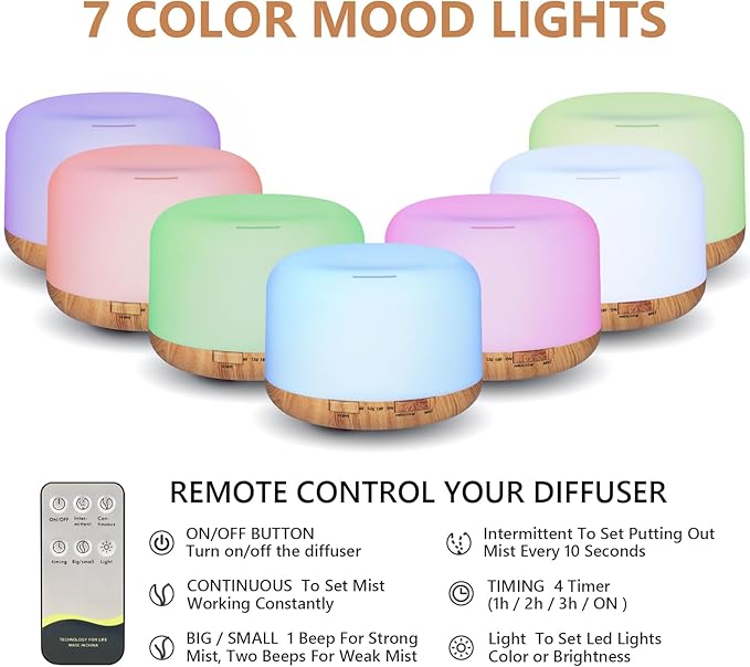Oil Diffuser, 500ml Essential Oil Diffusers with 2 Mist Mode 4 Timers＆7 Ambient Light Waterless Auto Off, Diffusers Large Room Home Office-Ruum Studio Home
